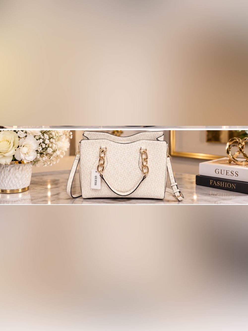 GUESS Cream Logo-Print Tote with Gold Chain Handles